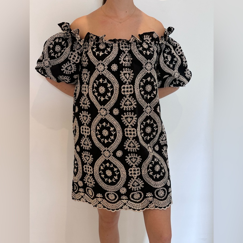 LoveShackFancy Miranda Off-Shoulder Black & Cream Eyelet Mini Dress size M